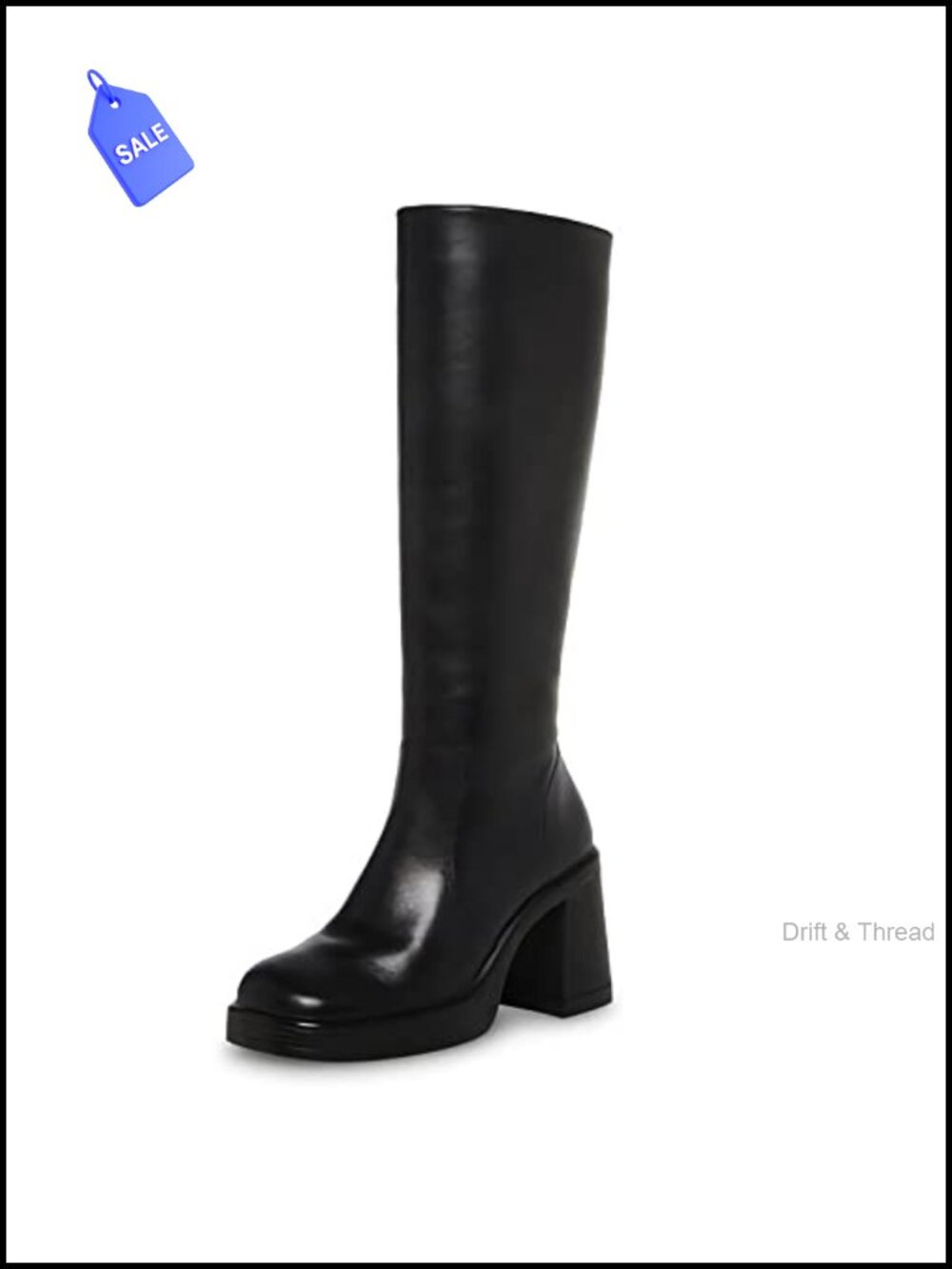 Black Leather Platform Boots Square Toe Chunky Block Heeled Side Zip